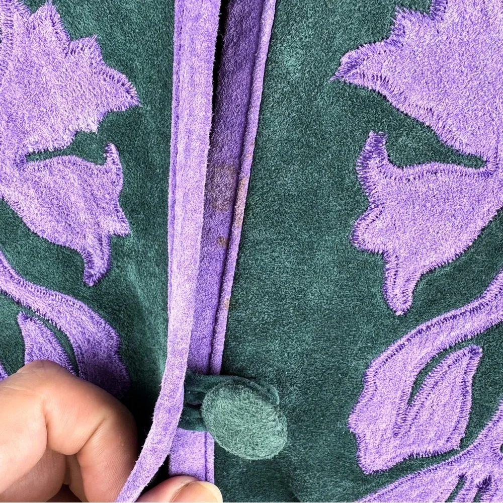 Vintage Suede Leather Vine Leaf Mandarin Collar Jacket Green Purple Large Linea - Picture 5 of 7